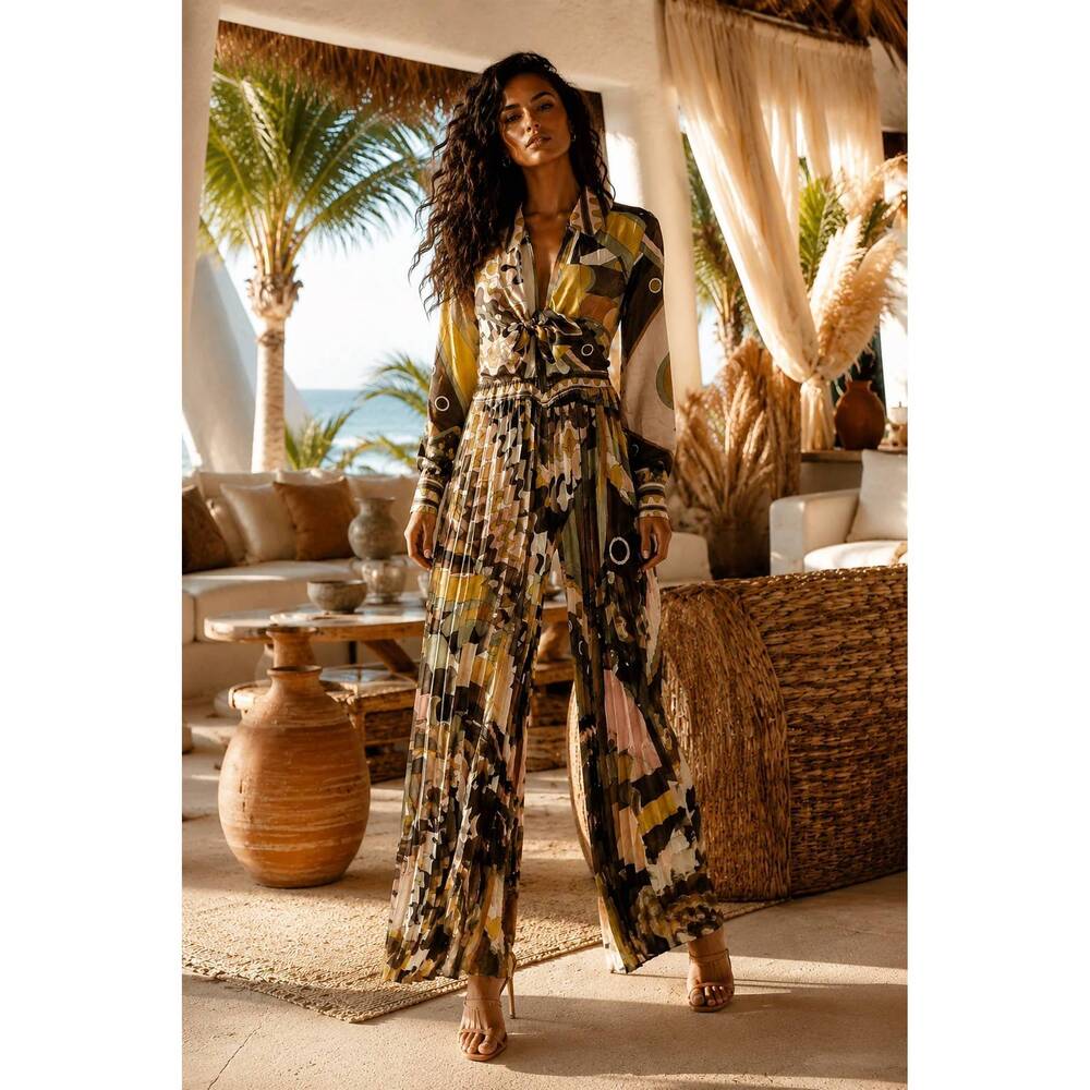 NEW SURELYMINE abstract print pleated wide leg jumpsuit in olive